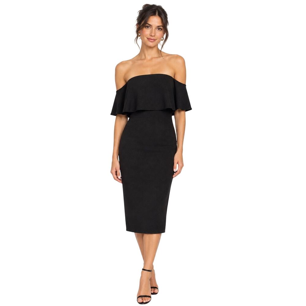 Lulus Lots of Love Black Strapless Midi Dress ruffle pockets solid sexy Sz XS